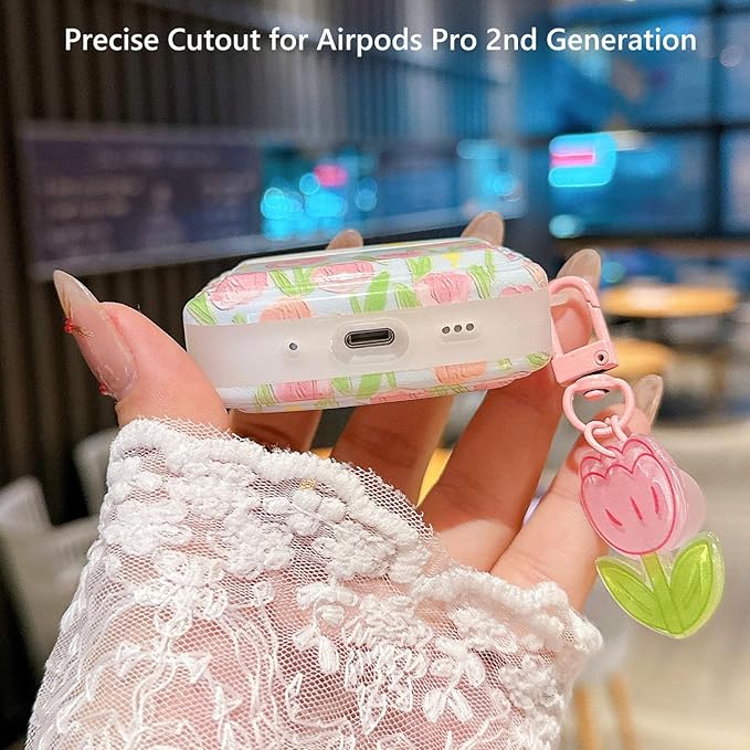 Cute Airpod Pro 2 / Airpod Pro Case Flower with Floral Keychain Wave Shape Soft TPU Protective Cover Compatible with AirPods Pro 2nd Generation Case for Girls Women (Tulip Pink)