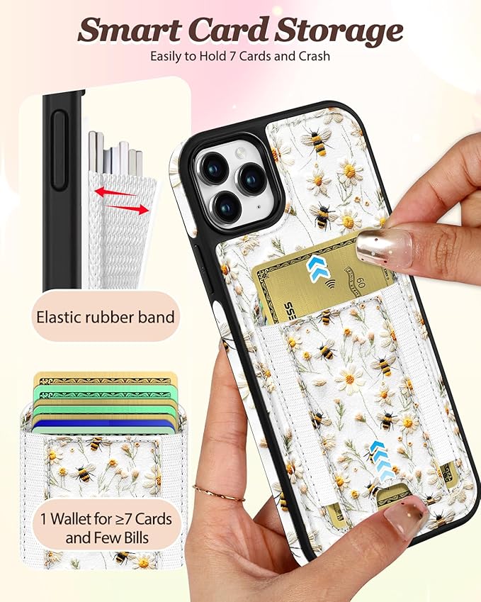 Shorogyt for iPhone 11 Pro Max Wallet Case - Fits 5 Cards, Compatible with Magsafe Detachable Magnetic Credit Card Holder Leather Cardholder Cute Phone Cover Women Girl for Apple 11 ProMax, Bee Flower
