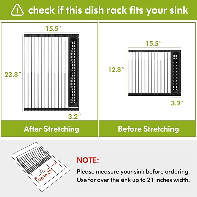 JASIWAY Dish Drying Rack, Roll Up Dryer Rack for Inside Sink, Expandable (12.8"-23.8" D x 15.5" W) 304 Stainless Steel Dish Drainers for Kitchen Counter, Over Sink Cover with Utensil Holder