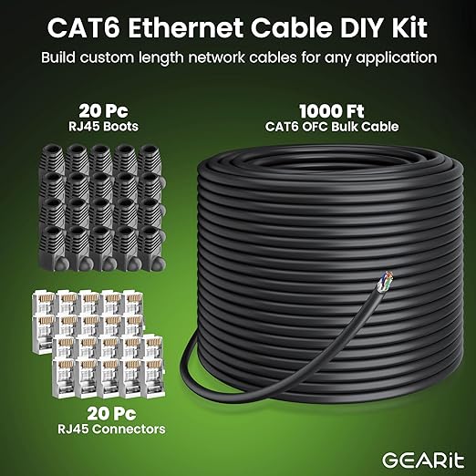 GEARit Cat6 Outdoor Ethernet Cable (Cat 6 DIY Kit - 1000ft Bulk Cable | x20 RJ45 | x20 Boot) 23AWG OFC Pure Copper, FTP, LLDPE, Waterproof, Direct Burial, In-Ground, UV, POE, Network, LAN, Internet