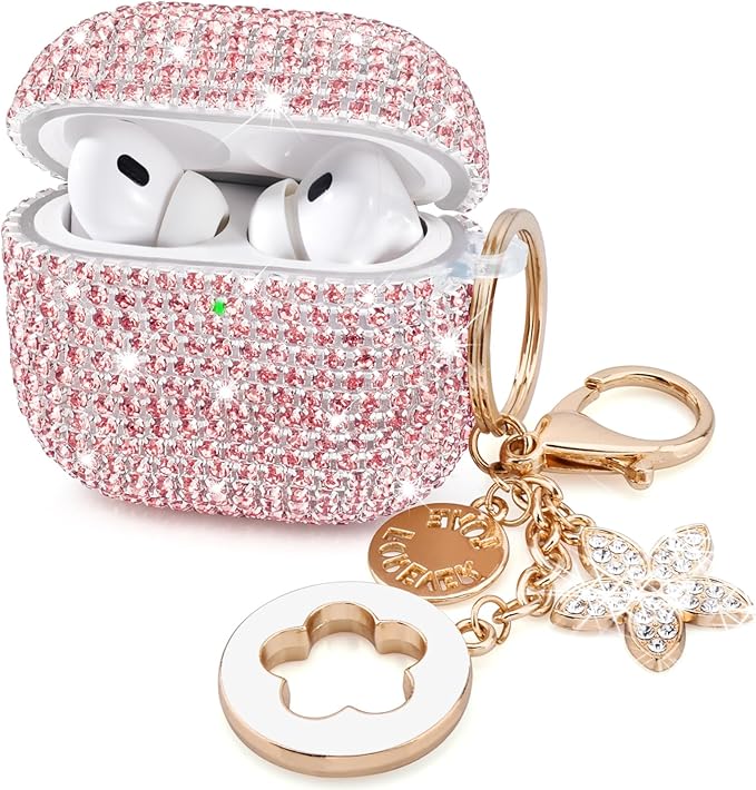 VISOOM Bling Case for Airpods Pro 2nd 1st Generation Case - Jewelry Cute Airpods Pro 1 2 Case Cover with Glitter Keychain Women Crystal Fancy Cases for iPods pro2 1 Wireless Charging Cases-Pink