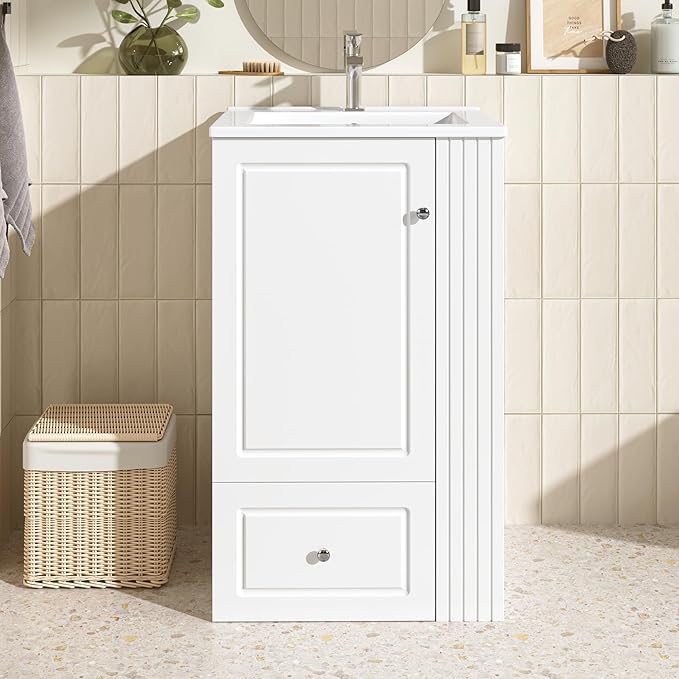 20 in Small Bathroom Vanity with Sink,Drawer,Doors and Side Storage & Toilet Paper Holder, Solid Wood & MDF Modern Single Bathroom Sink Cabinet with Drawers,Freestanding (White,20 in)
