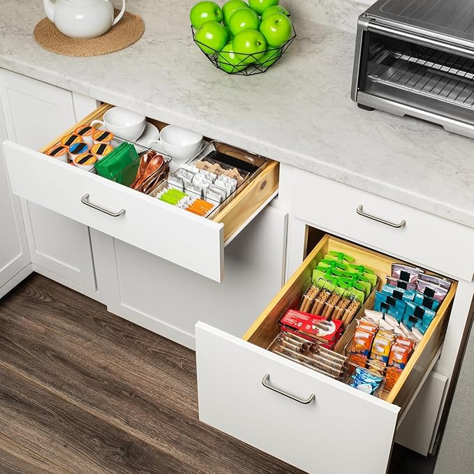 2 Pack Pantry Organizers and Storage,Clear Plastic Organizer Bins for Kitchen,Fridge,Drawer Organization and Storage,4 compartment Snack Containers for Spice Packets,Tea bag
