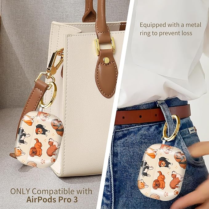 AirPod Pro 3 (2025) Case Cover for Women, Cute Shockproof TPU Protective Case with Gold Round Buckle, Anti-Drop Design Cute Doodle Dog Print Animal