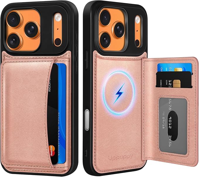 for iPhone 17 Pro Max Case with Wallet - Fits 4 Card Slots, Compatible with MagSafe for Women Aesthetic PU Leather Credit Card Holder Kickstand Phone Cover for Apple 17 Promax, Rose Gold