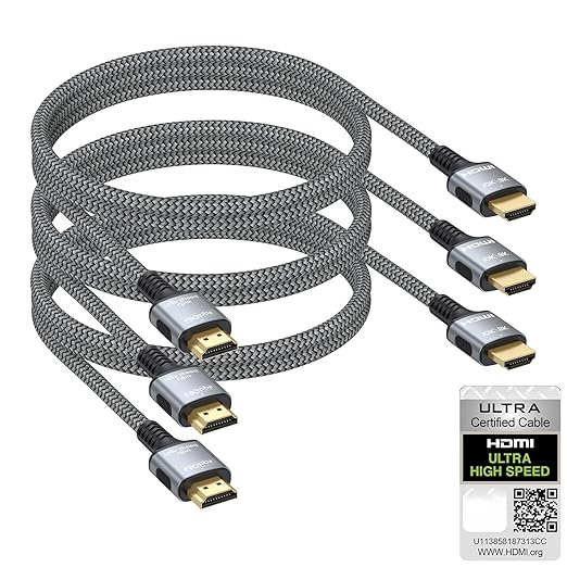 Certified HDMI 2.1 Cable 3 FT 3-Pack,8K HDMI Braided Cord Multi Pack 3FT HDMI 3PK, 48Gbps 8K@60Hz 4K@144Hz, eARC HDCP 2.3, PS5 HDMI Cable for PS5/PS4, Xbox, Switch, PC, Monitor, Roku TV
