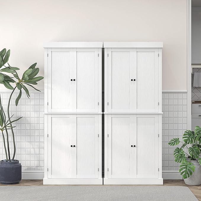 HOMCOM 72.5" Freestanding Kitchen Pantry Cabinet, Tall Storage Cabinet with 4 Doors and 2 Adjustable Shelves for Dining Room, White Wood Grain