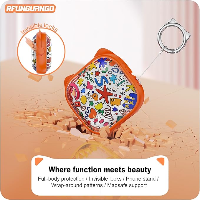 RFUNGUANGO AirPods 4 Case for Women Girly Cat Case with Lock, Phone Stand, Keychain & Cleaner Kit, Compatible with Apple Airpods 4th Generation Case Cover, Orange Graffiti