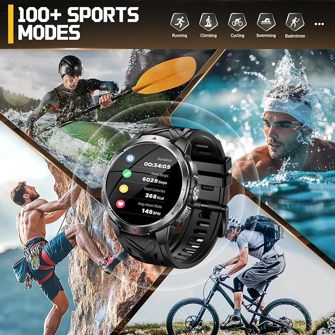 Military Smart Watch for Men with 1100 mAh Battery/LED Flashlight, 1.7" Rugged Tactical Smartwatch with Text and Call/Compass, 5ATM Waterproof Fitness Tracker with HR/Sleep Monitor for iPhone Android