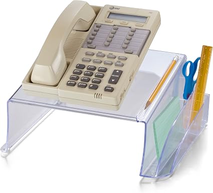Officemate Telephone Stand - Laptop Stand and Desk Organizer with Storage Underneath, 3 Pen Compartments, 2 Accessory Holders, Non-Skid Rubber Pads, 12.5 x 10.125 x 5.25 Inches, Clear