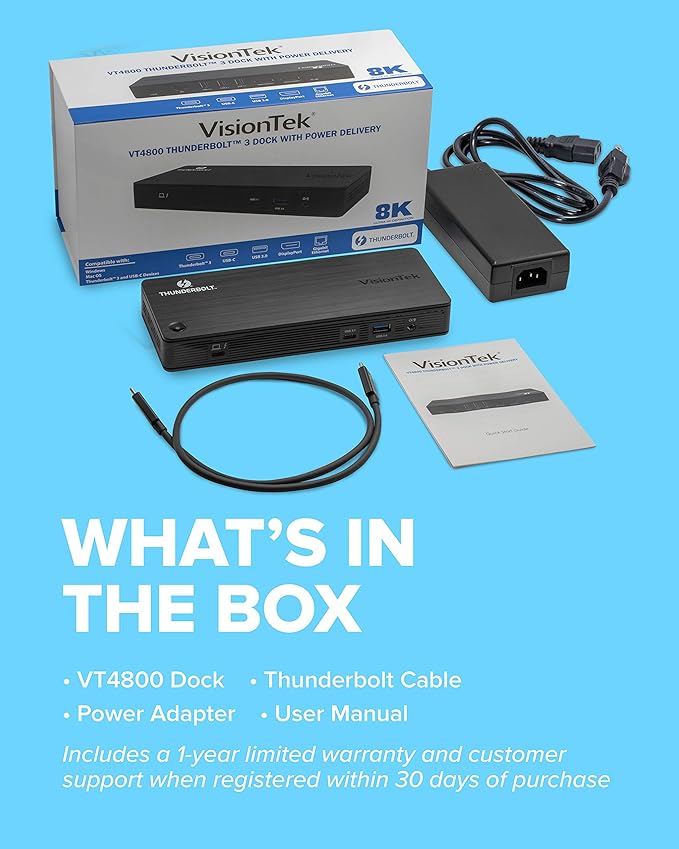 VisionTek VT4800 Thunderbolt 3/ USB-C Docking Station - 60W of Power, 2X DisplayPort, 4X USB-A, 1x USB-C, Audio, Ethernet for Windows/MacOS