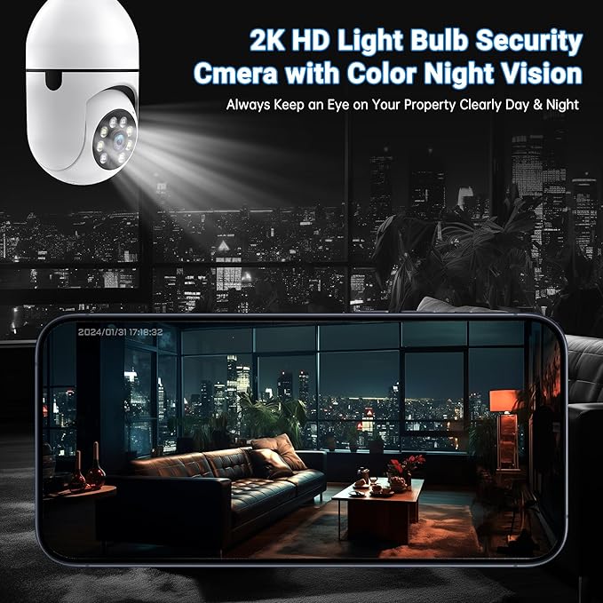 Light Bulb Security Camera -5G& 2.4GHz WiFi Camera Outdoor Wireless Motion Detection and Alarm,Two-Way Talk,Color Night Vision, Lightbulb Security Cameras Outdoor Compatible with Alexa,2 Pack