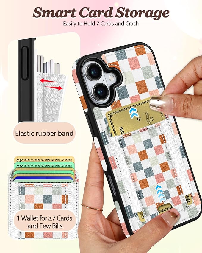 Shorogyt for iPhone 17 Wallet Case - Fits 5 Cards, Compatible with Magsafe Detachable Magnetic Credit Card Holder Leather Cardholder Cute Phone Cover Women Girls for Apple 17, Checkered
