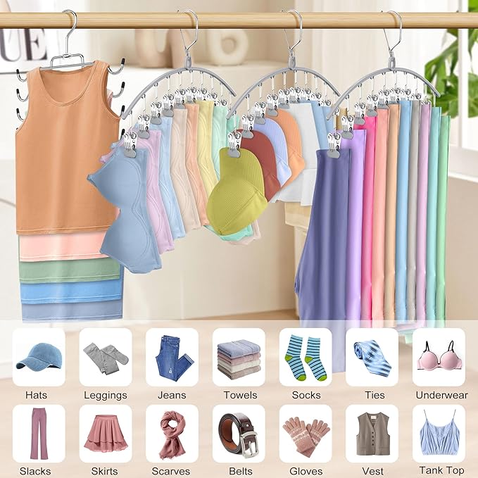 4 Pack Legging Organizer for Closet Hanging, 3 Pants Leggings Hangers with 30 Clips, 1 Tank Top Hanger Space Saving Hangers Closet Organizers and Storage for Pants Skirts Bra, Grey