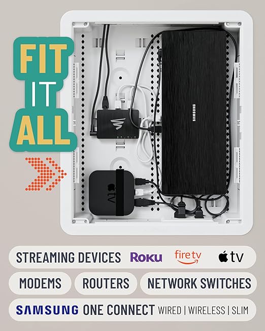 ECHOGEAR 17" in Wall TV Media Box - Recessed TV Outlet Network Enclosure - Works w/Wired & Wireless Samsung Connect Box, Apple TV, Roku, Fire TV Stick - WiFi Friendly Cable Management Fits 16" Studs