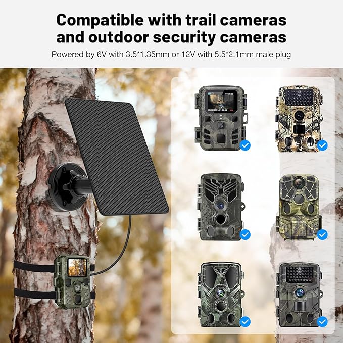 Solar Panel for Trail Cameras, Built-in 5000mAh Large-Capacity Rechargeable Battery Trail Camera Solar Panel, Solar Battery Charger Kit with Type C/5V DC/6V Output, Suitable for Most Trail Cameras