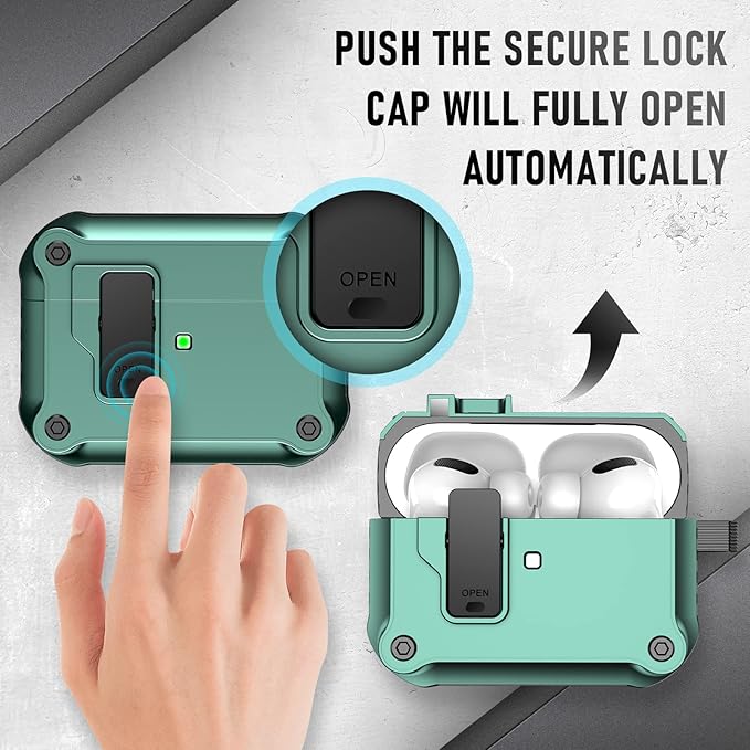Maxjoy for Airpods Pro 3 Generation Case(2025), Secure Lock Clip Full Body Shockproof Hard Shell Protective Apple for Airpods Pro 3 Case Cover with Keychain Cleaner Kit for Men Women,Green