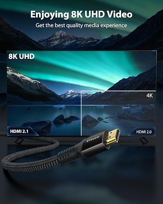 Stouchi 10K 8K HDMI Cable 4ft, Ultra High Speed HDMI to HDMI Cord 48Gbps, Support 144Hz 4K@120Hz 8K@60Hz eARC HDR10 HDCP 2.2&2.3 Compatible with Roku TV/HDTV/PS5/Blu-ray, Black