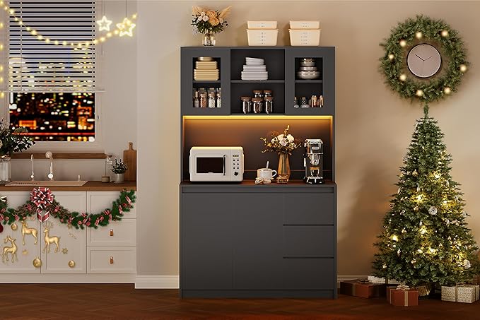 Garvee Kitchen Pantry Cabinet,71 in Tall Storage Cabinet with Doors and Shelves Adjustable, Kitchen Storage Hutch with Microwave Shelf, Led Lights and Charging Station,Corner Pantry Cabinet, Black