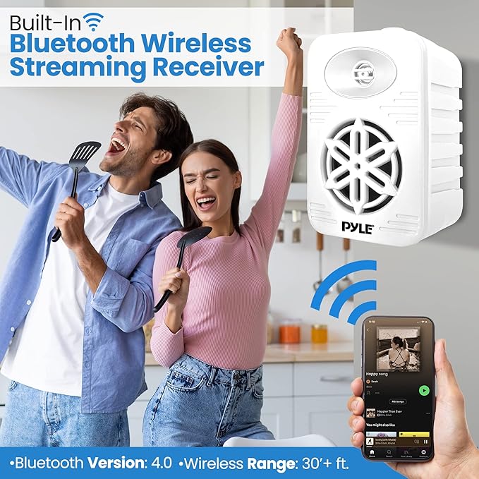 Pyle 4” Outdoor Speakers, 2-Way Bluetooth Waterproof Speaker System with Polymer Tweeter, Heavy-Duty ABS Build, Bluetooth Speakers with Wireless Streaming for Patio, Pool, Deck, or Boat, White, 2-Pack