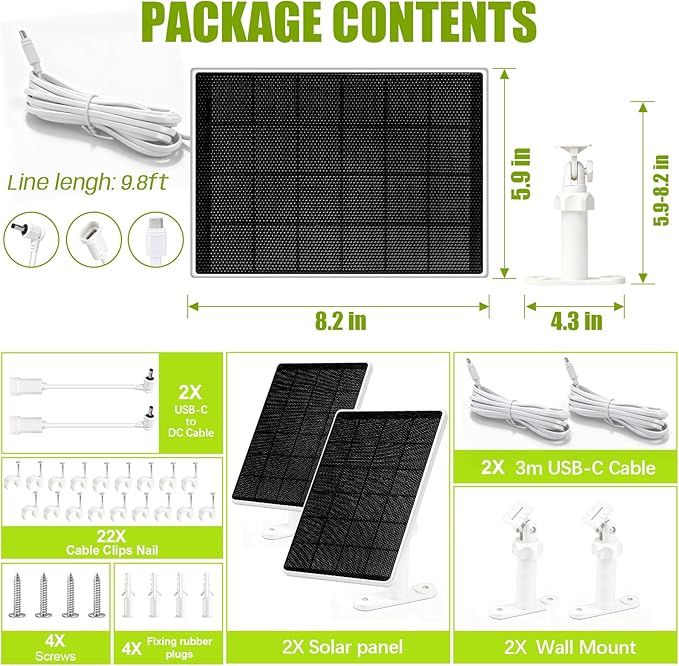6W Solar Panel for Ring Camera, 2 Pack Solar Charger Compatible with Ring Stick Up Cam, Spotlight Cam Plus/Pro, 9.8ft Cable with USB-C to Barrel Plug Adapter, IP66 Waterproof, Extendable Bracket