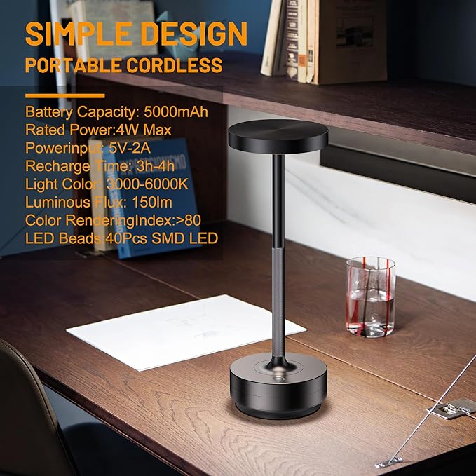 SAKRINGT Rechargeable Cordless Table Lamp - Battery Operated LED Portable Table Light with 3 Color Stepless Dimming, Memory Function - IP54 Waterproof for Outdoor, Restaurant, Patio, Camping
