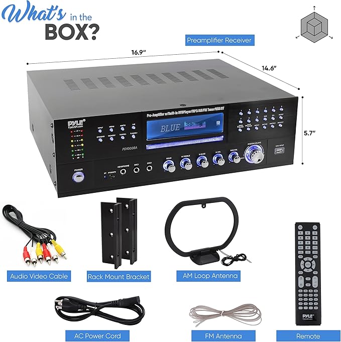 Pyle 4-Channel Wireless Bluetooth Power Amplifier - 1000W Stereo Speaker Home Audio Receiver w/FM Radio, USB, Headphone, 2 Mic w/Echo, Front Loading CD DVD Player, LED, Rack Mount - Pyle PD1000BA.5