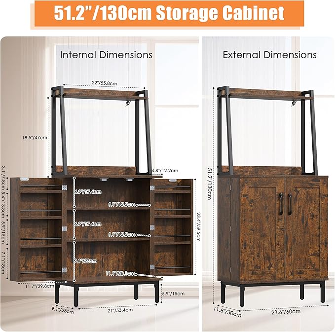 51" Pantry Cabinet, Kitchen Pantry Storage Cabinet with, Storage Shelves, Modern Kitchen Hutch with Microwave Stand, Adjustable Shelves, Food Pantry Cabinet for Dining Room (Brown)
