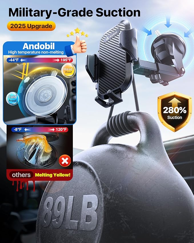 andobil Car Phone Holder, 2025 Military-Grade 89lbs Strongest Suction Phone Holders for Your Car Dashboard/Windshield/Vent Easy Clamp Car Phone Mount Stand for iPhone 17 16 15 14 13 Pro Max Samsung