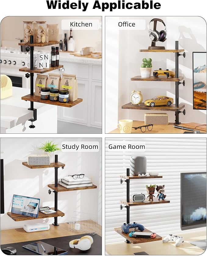 3 Tiers Clamp On Desk Shelf, 360¡ã Angle Adjustable Desktop Shelf Organizer for Home Office Gaming Room, No Drill Desk Extender Adapt to 0.4-2.16 inches Table Thick, Black Brown