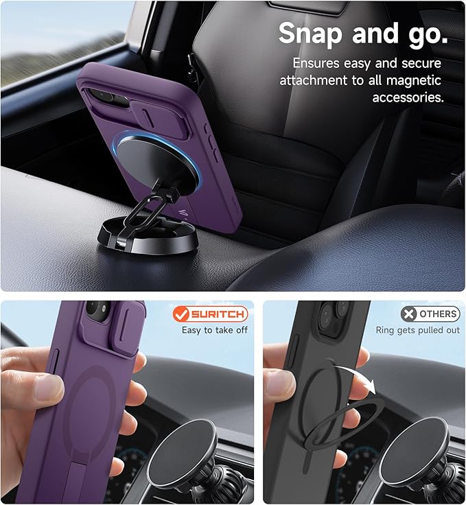 SURITCH for iPhone 17e/16e Case with Magnetic Camera Slide Cover and Adjustable Kickstand, Compatible with MagSafe, Shockproof Bumper Case Slim Protective Cover 6.1 Inch,Dark Purple