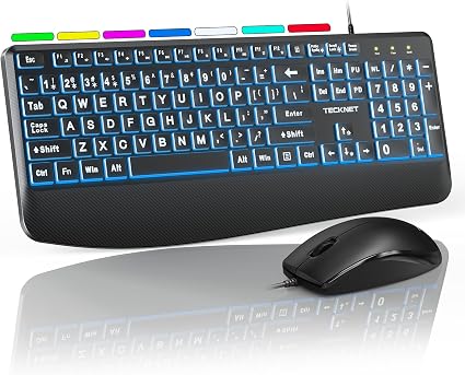 TECKNET Wired Keyboard and Mouse Combo, 4X Large Print, 7-Color Backlit Silent Keyboard Kits, Ergonomic Design with Wrist Rest, Soft-Typing, USB Plug & Play for Computer/Mac/Laptop - Image 4