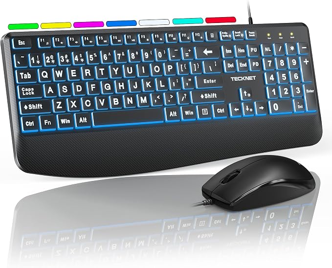 TECKNET Wired Keyboard and Mouse Combo, 4X Large Print, 7-Color Backlit Silent Keyboard Kits, Ergonomic Design with Wrist Rest, Soft-Typing, USB Plug & Play for Computer/Mac/Laptop - Image 8