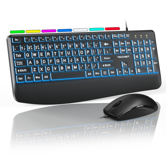TECKNET Wired Keyboard and Mouse Combo - 4X Large Print - USB Plug & Play for