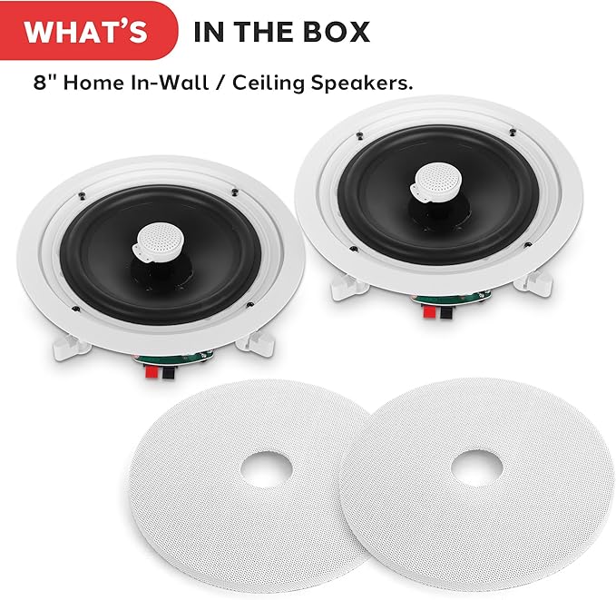 Pyle 8” Ceiling Mount Speakers (Pair)- 2-Way Stereo Speaker System with Easy Install Flush Design - Directable 1” Titanium Dome Tweeter - 55Hz Freq Response for Deep Bass - 300W Peak Power,(White)