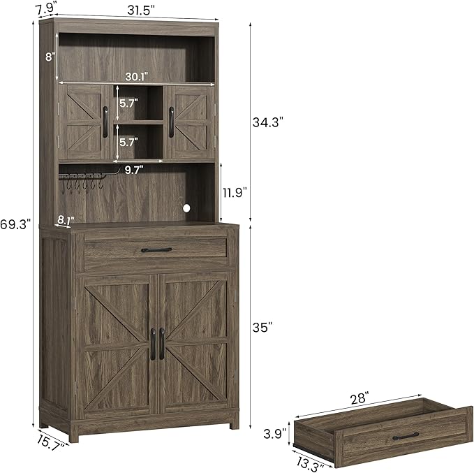Semoic 69.3" Tall Kitchen Pantry Cabinet, Farmhouse Large Storage Cabinet with 2 Barn Doors, 1 Drawer and Storage Shelves, Buffet Cupboard Kitchen Hutch with Wide Countertop and Charge Holes, Brown