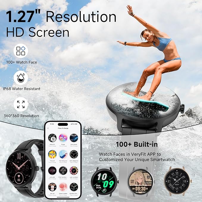 Smart Watches for Women Men 1.27" HD Fitness Tracker with Heart Rate/Sleep/Step/SpO2 Monitor, IP68 Waterproof Watch for Android iOS (Black)