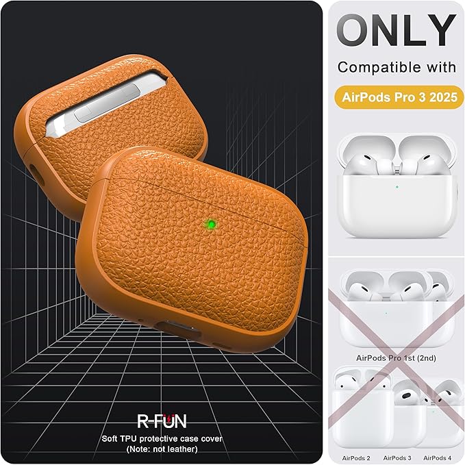 R-fun for AirPods Pro 3 Case 2025, Soft TPU (Leather-Like Design) Drop Protection Cover for Men and Women with Lanyard and Cleaner Kit, Compatible with Apple AirPods Pro 3rd Generation-Orange