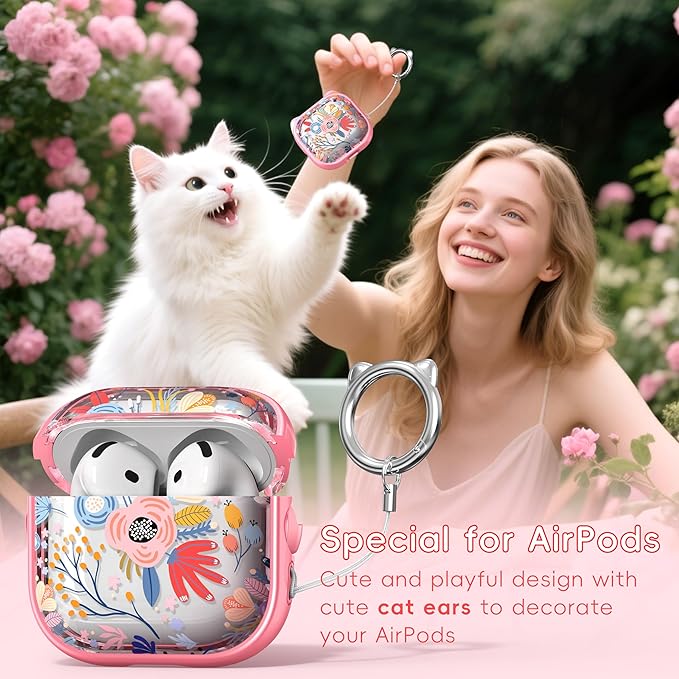 for AirPods 4 Case with Cleaning Kit, Cute Cat Ear Print Design & Cute Buckle, Inverted Phone Holder Design, Top Safe Lock Buckle Design, for Girls AirPods 4 case 2024,Clear Flowers
