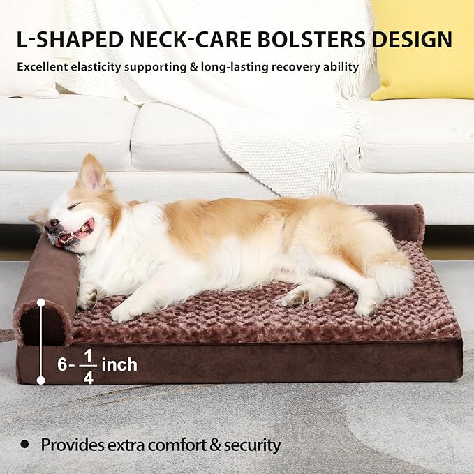 MIHIKK Orthopedic Dog Couch Bed Deluxe Plush L-Shaped with Waterproof Lining Bolster Dog Sleeping Sofa with Removable Washable Cover & Nonskid Bottom Pet Bed for Small Medium Large Jumbo Dogs, Brown