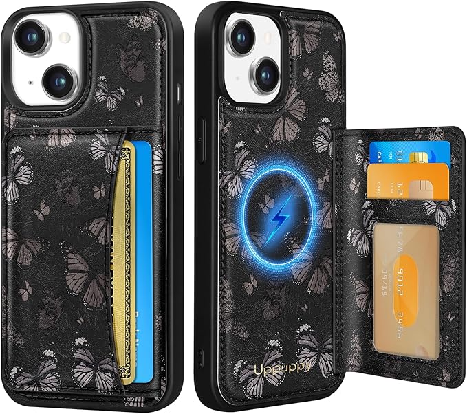 for iPhone 14 Plus Case with Wallet - Fits 4 Card Slots, Compatible with MagSafe for Women Aesthetic PU Leather Credit Card Holder Kickstand Phone Cover for Apple 14 Plus, Black Butterfly
