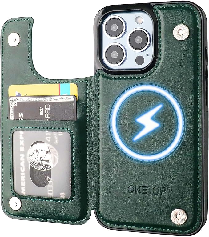 ONETOP Compatible with Magsafe for iPhone 13 Pro Wallet Case with Card Holder, PU Leather Kickstand RFID Blocking Case, Double Magnetic Clasp and Durable Shockproof Cover 6.1 Inch (Green)