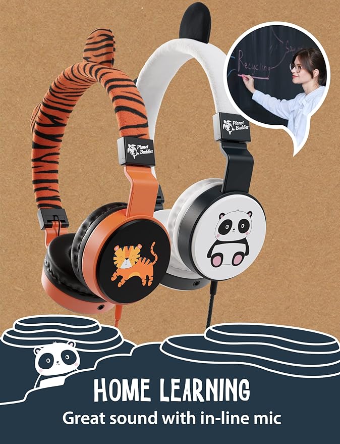 Planet Buddies Kids Headphones for School Travel, Safe Volume Limited, HD Mic Stereo Sound On-Ear Girls Boys Headphones for Kid, Foldable 3.5mm Wired Kids Earphones for iPad Computer - Furry Panda