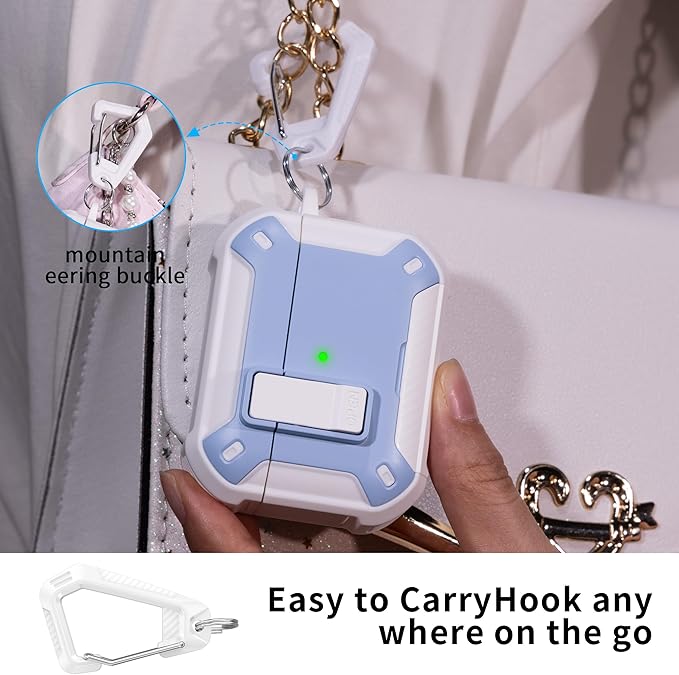 RFUNGUANGO Compatible with Airpods Pro Case 2nd / 1st Generation Protective Case, Compatible with MagSafe, with Cleaning Kit & Keychain,Phone Stand,Magnetic Automatic Lock, Visible LED, White-Blue