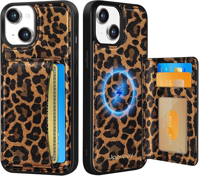 for iPhone 15 Plus Case with Wallet - Fits 4 Card Slots, Compatible with MagSafe for Women Aesthetic Durable PU Leather Credit Card Holder Kickstand Phone Cover for Apple 15 Plus, Leopard