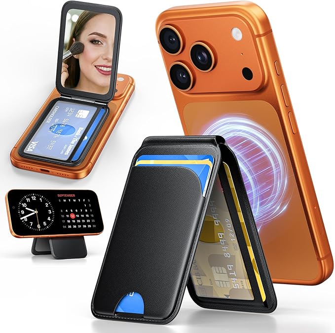 Magnetic Phone Wallet With Makeup Mirror - Mag Safe Wallet Leather RFID-Blocking Mag-Safe Card Holder for iPhone 17/16/15/14/13/12 Series, Not for iPhone 13/12 Mini (Black)
