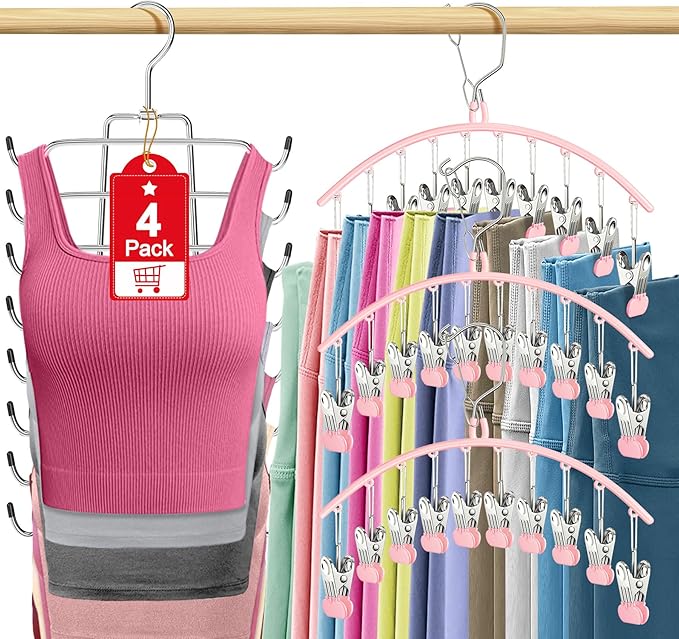 4 Pack Legging Organizer for Closet Hanging, 3 Pants Leggings Hangers with 30 Clips, 1 Tank Top Hanger Space Saving Hangers Closet Organizers and Storage for Pants Skirts Bra, Pink
