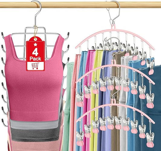4 Pack Legging Organizer for Closet Hanging, 3 Pants Leggings Hangers with 30 Clips, 1 Tank Top Hanger Space Saving Hangers Closet Organizers and Storage for Pants Skirts Bra, Pink