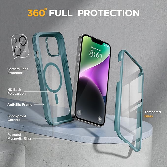Miracase Magnetic for iPhone 14 Case 6.1'', [Bubble Free] Full-Body Bumper Phone case with Built-in Full Glass Screen &Lens Protector,No Gap,Compatible with MagSafe,Drop Proof 14 Cover,Green
