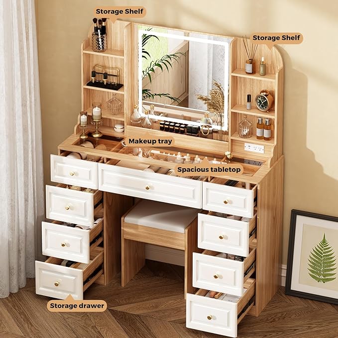 43" Makeup Vanity Desk with Mirror and Lights, & Power Outl, Glass Top Big Vanity Table with 9 Drawers& 8 Storage Shelves, Dressing Table Set with Chair for Bedroom, Oak and White
